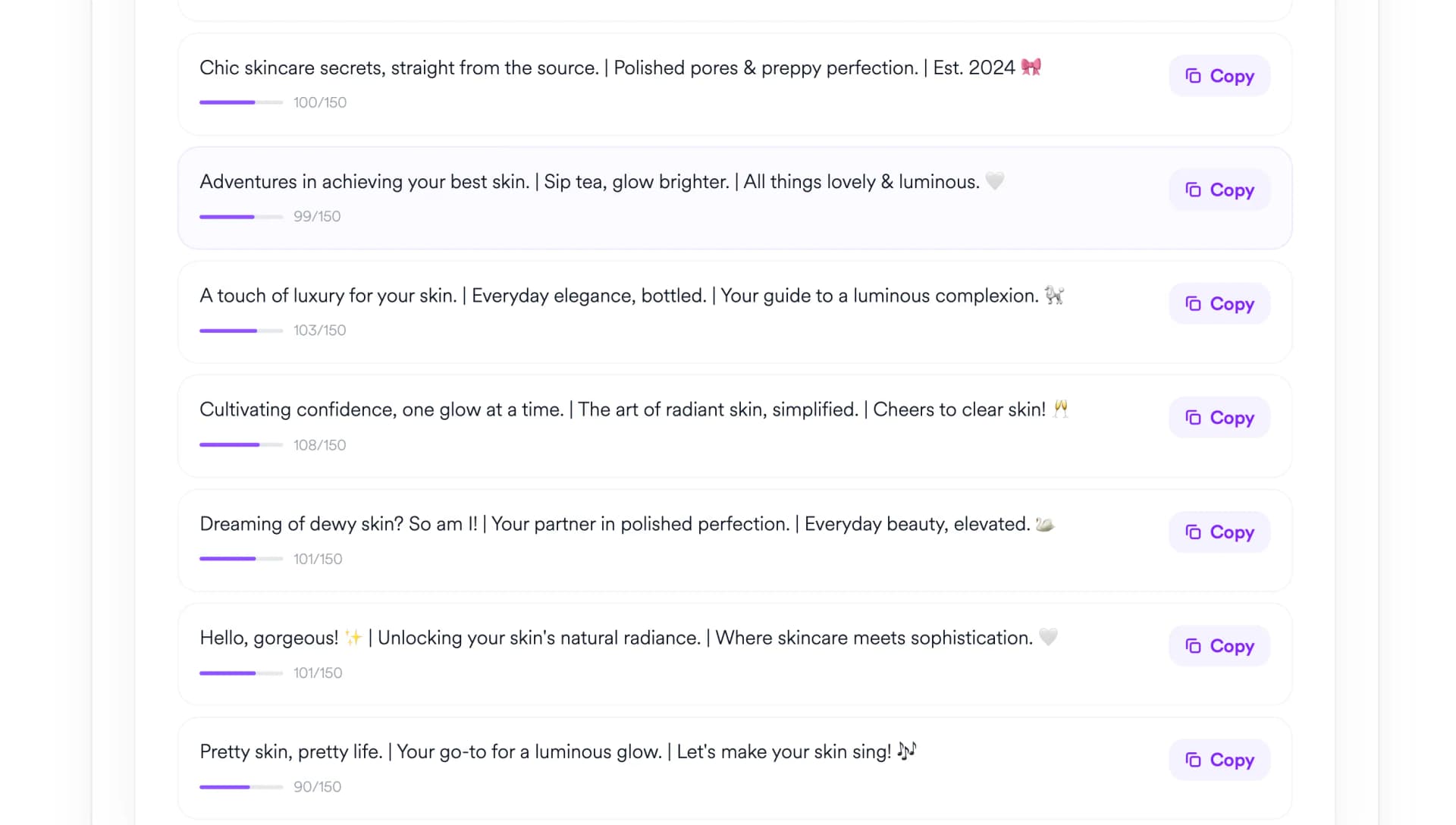 Eight generated bios listed in the results panel, each with a character count and a copy button.