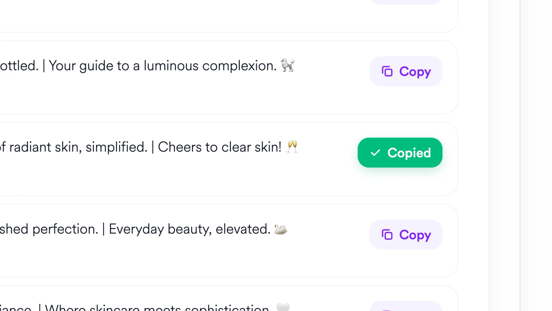 A bio being copied, with the copy button showing its confirmed state.