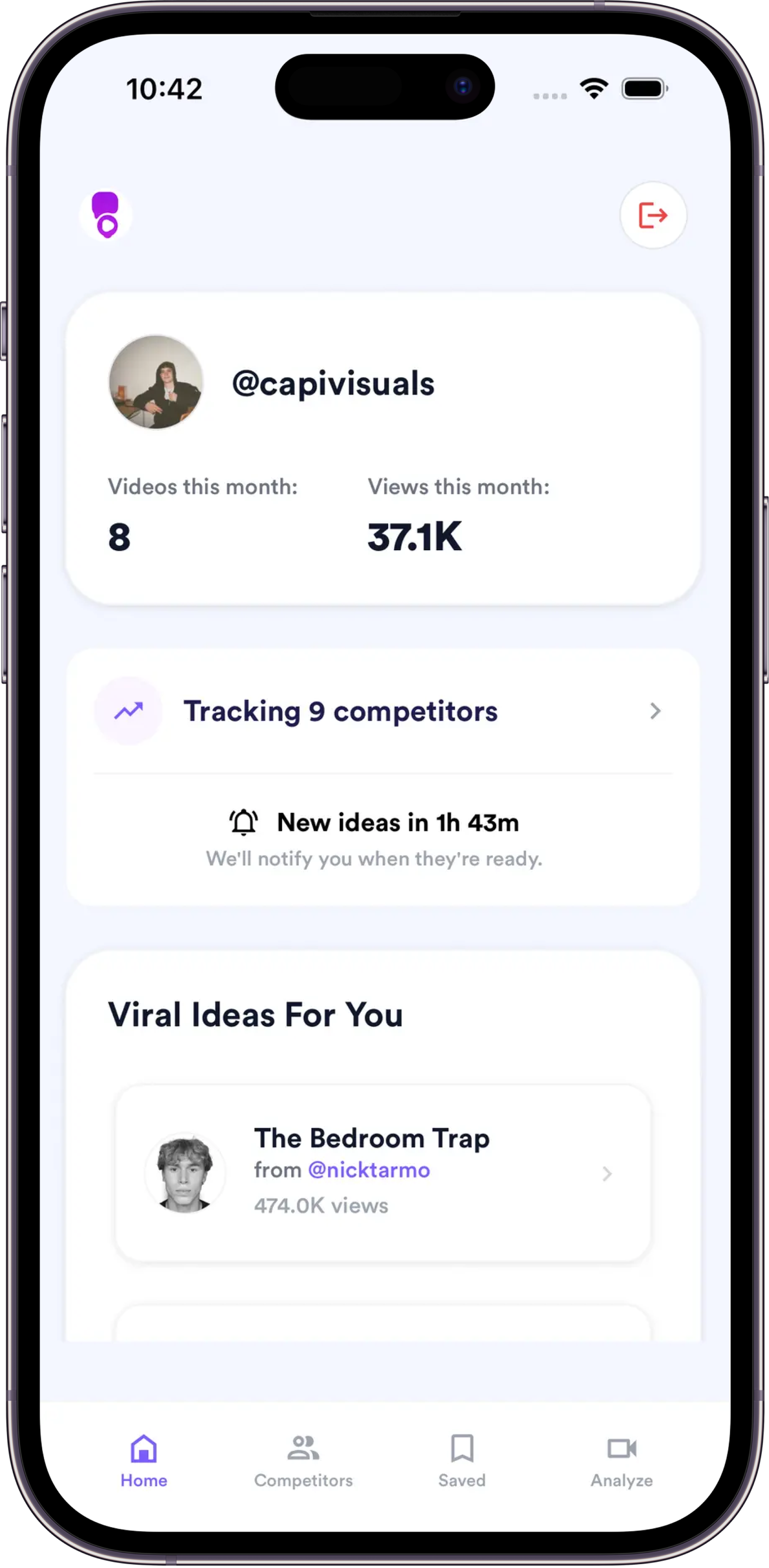 Creafico app dashboard showing a viral video idea